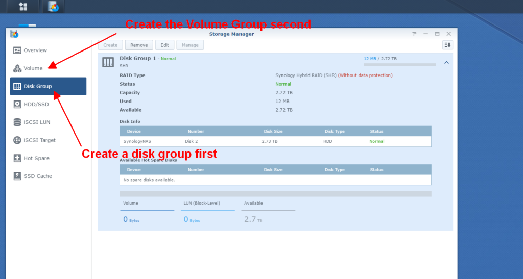 2016-08-28th Synology NAS disk group first, then volume group