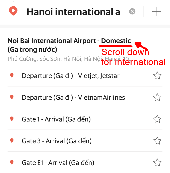 When searching for the International Terminal at Hanoi, scroll down past the Domestic ones.