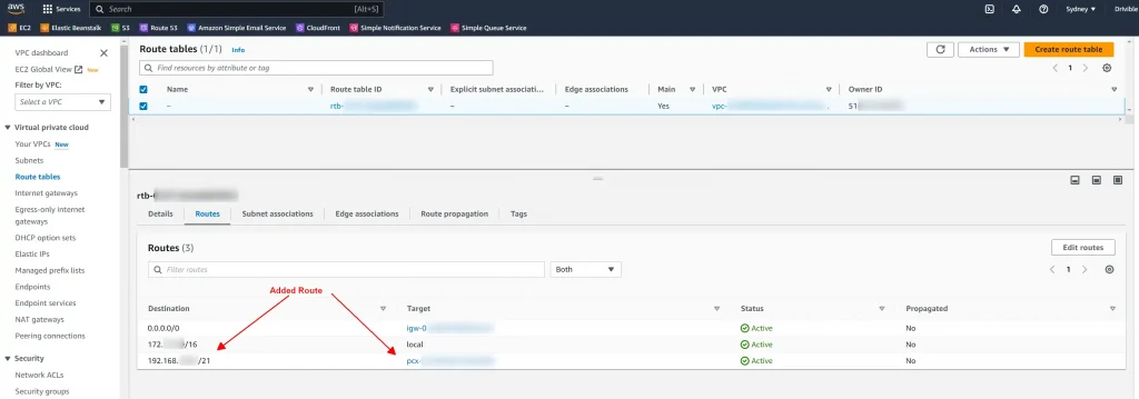 AWS Route Table Route added