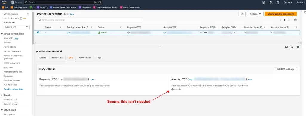 AWS VPC Peering Connection - DNS Tab