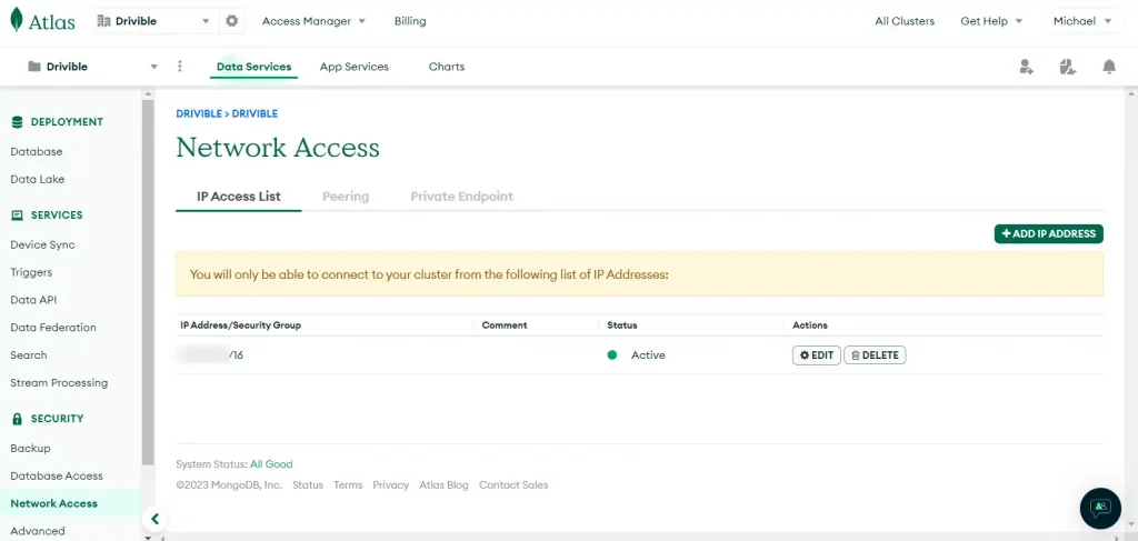 MongoDB Network Access - IP Access List