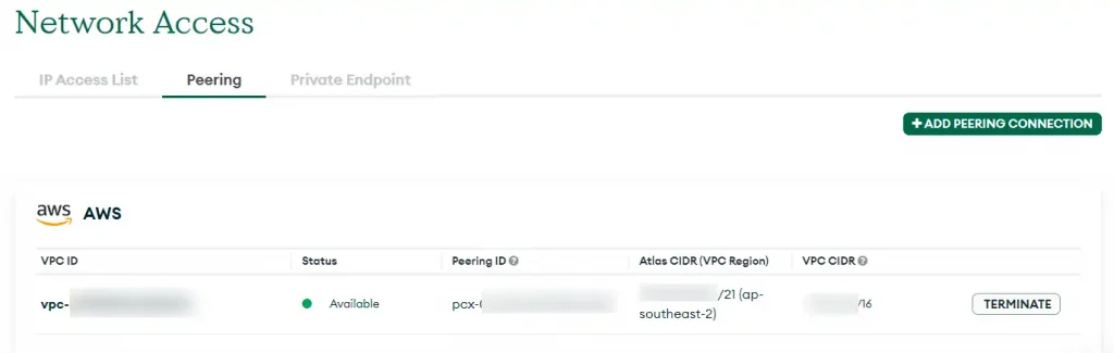 MongoDB Network Access - VPC Peering